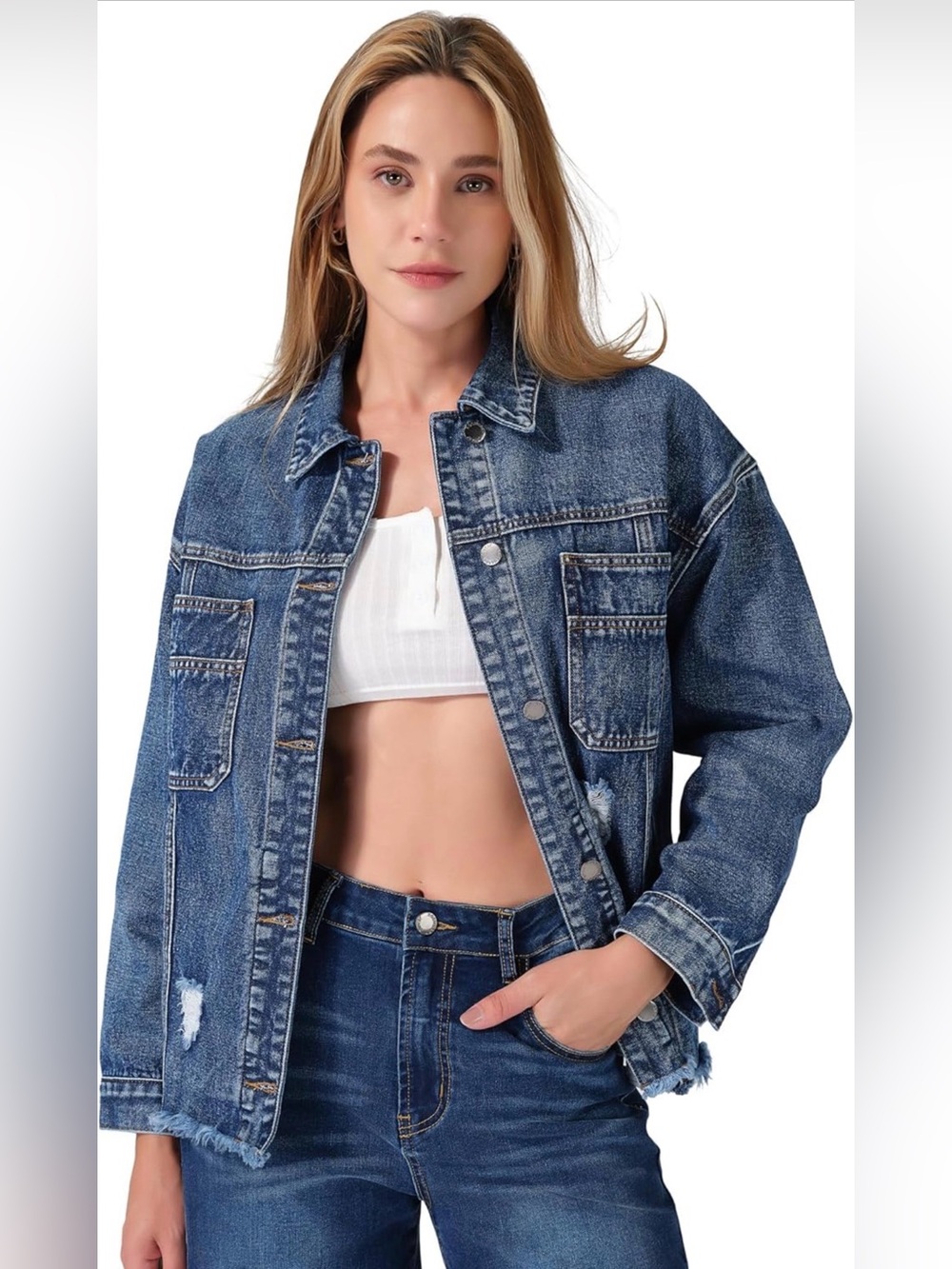 Roswear Denim Jacket Oversized Long Sleeve Distressed LARGE Shacket NWT